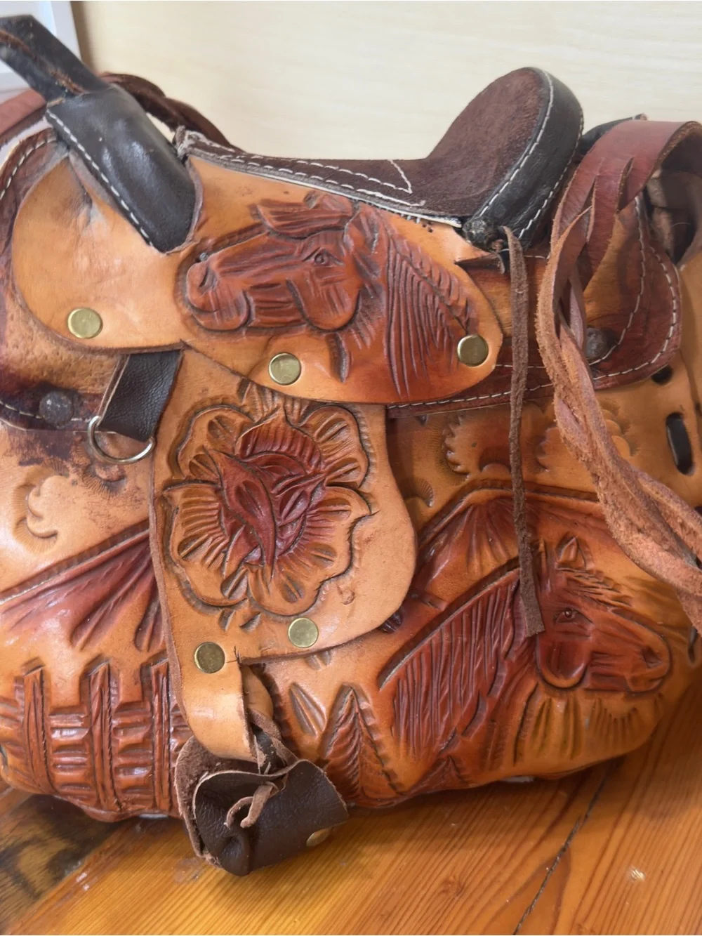 Vintage Handcrafted Tooled Leather Saddle Bag - Brown
